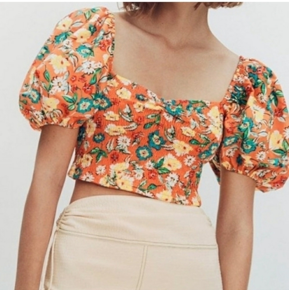 Zara women's cropped orange top w/ balloon sleeve orange large